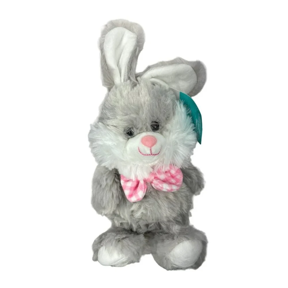 Way To‎ Celebrate Furry Plush Gray Bunny Rabbit Pink Bow tie stuffed Plush 12”